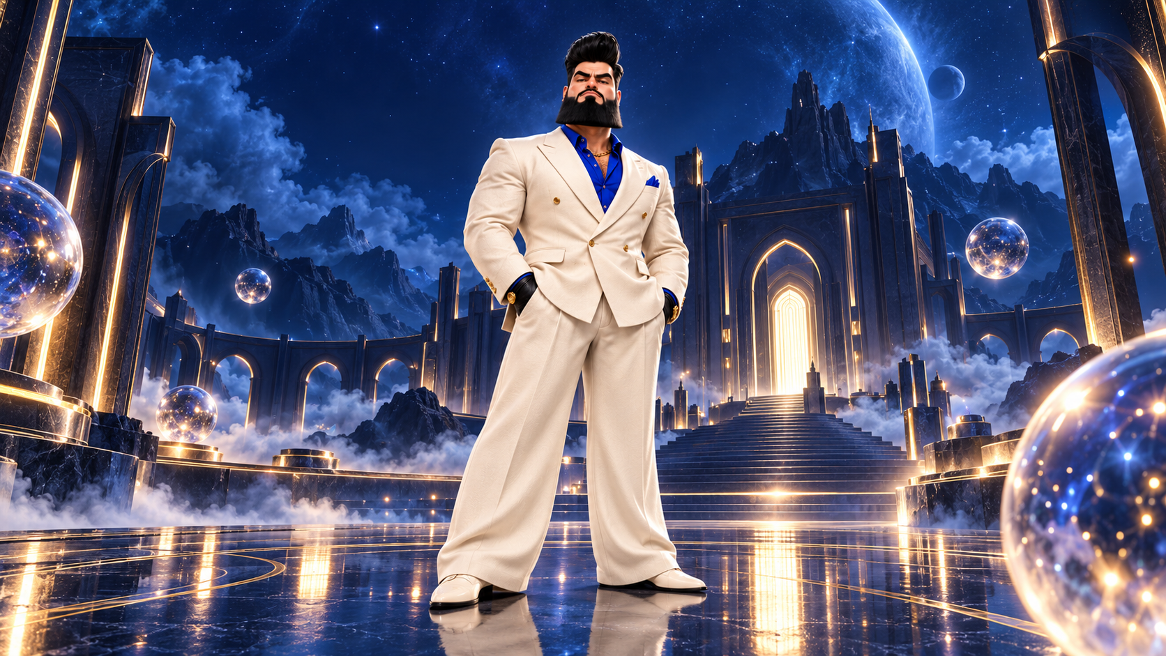 Sultan Maximus standing in a monumental blue and gold world